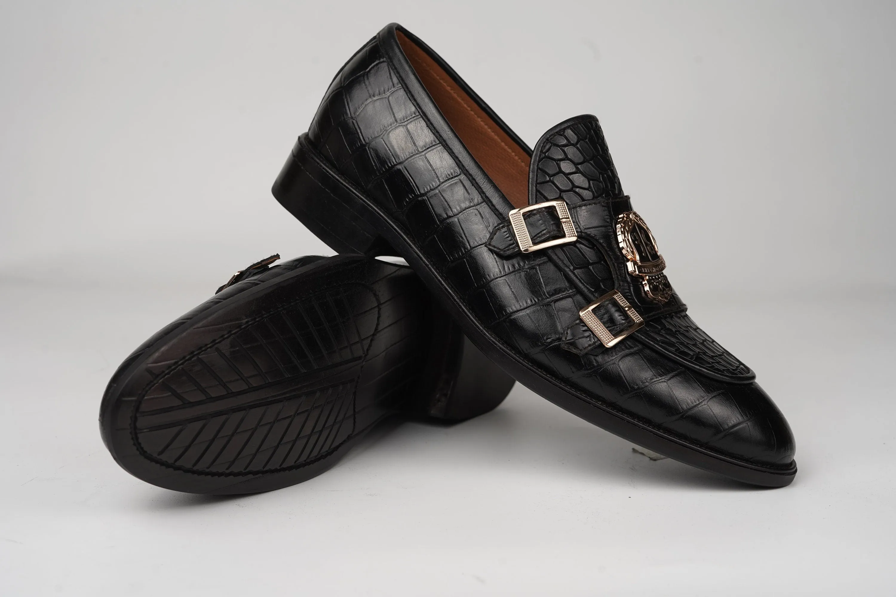 Black Double Buckle Loafer made using embossed Crocodile leather Custom Made-To-Order Shoes  Premium Quality Handmade