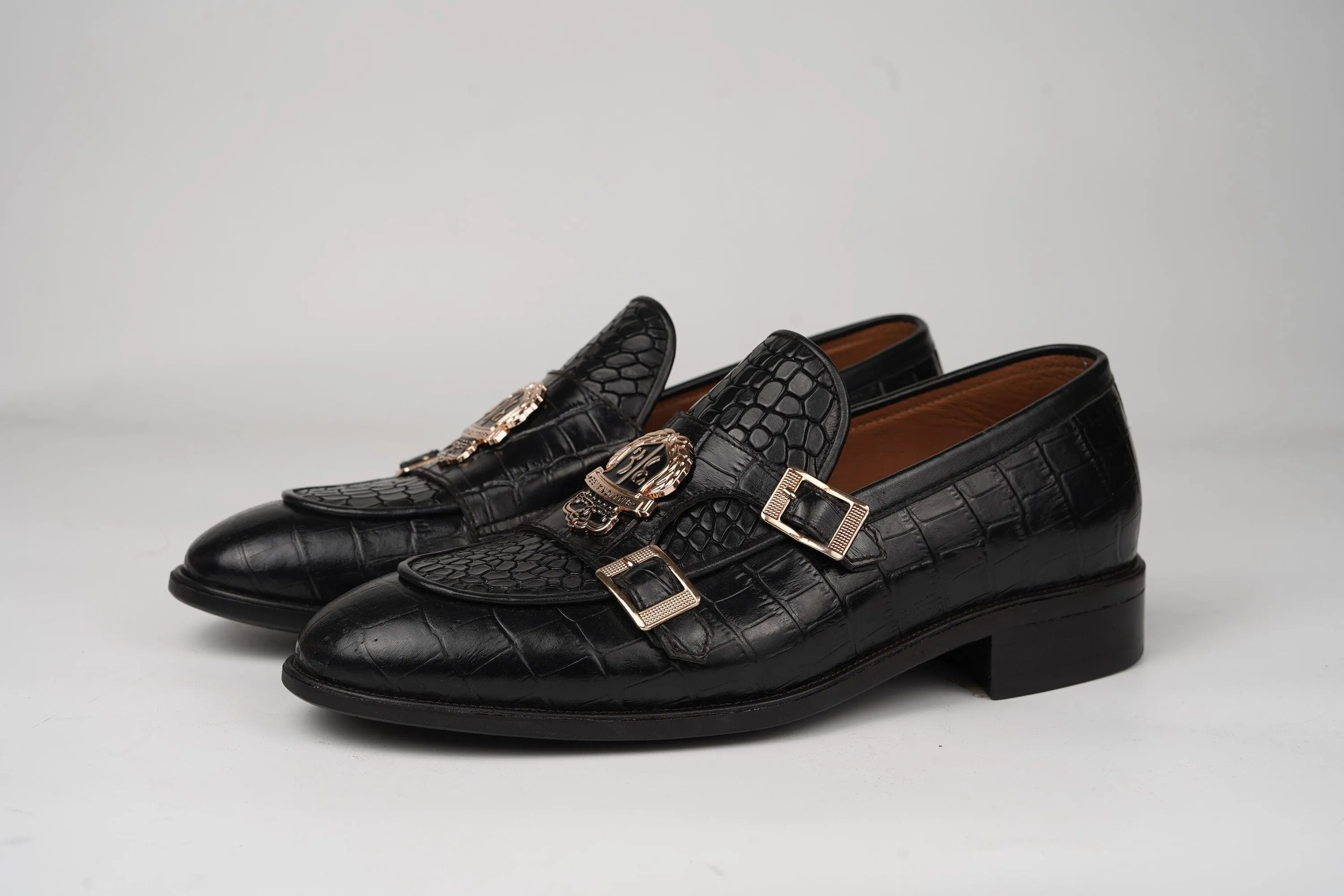 Black Double Buckle Loafer made using embossed Crocodile leather Custom Made-To-Order Shoes  Premium Quality Handmade