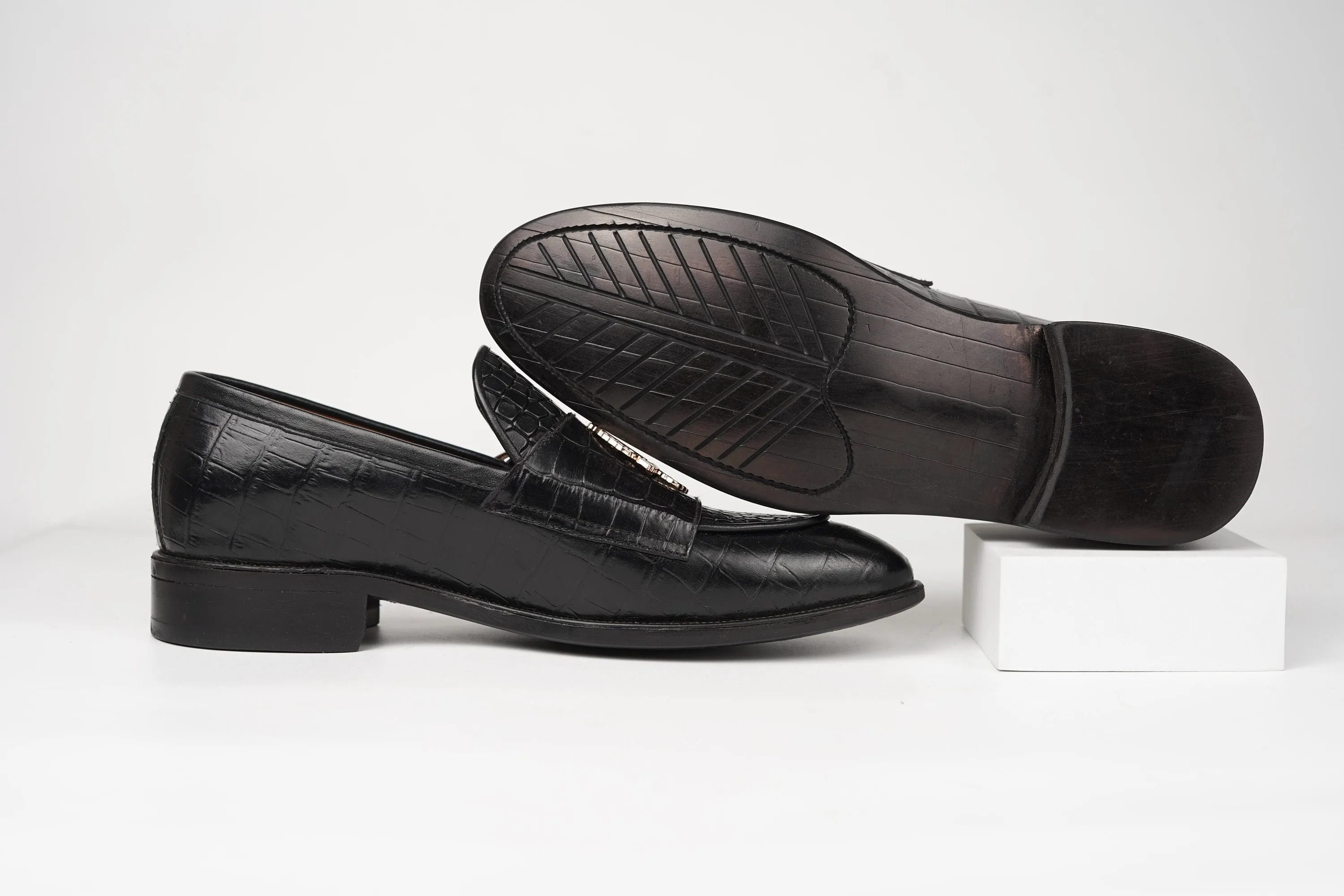Black Double Buckle Loafer made using embossed Crocodile leather Custom Made-To-Order Shoes  Premium Quality Handmade