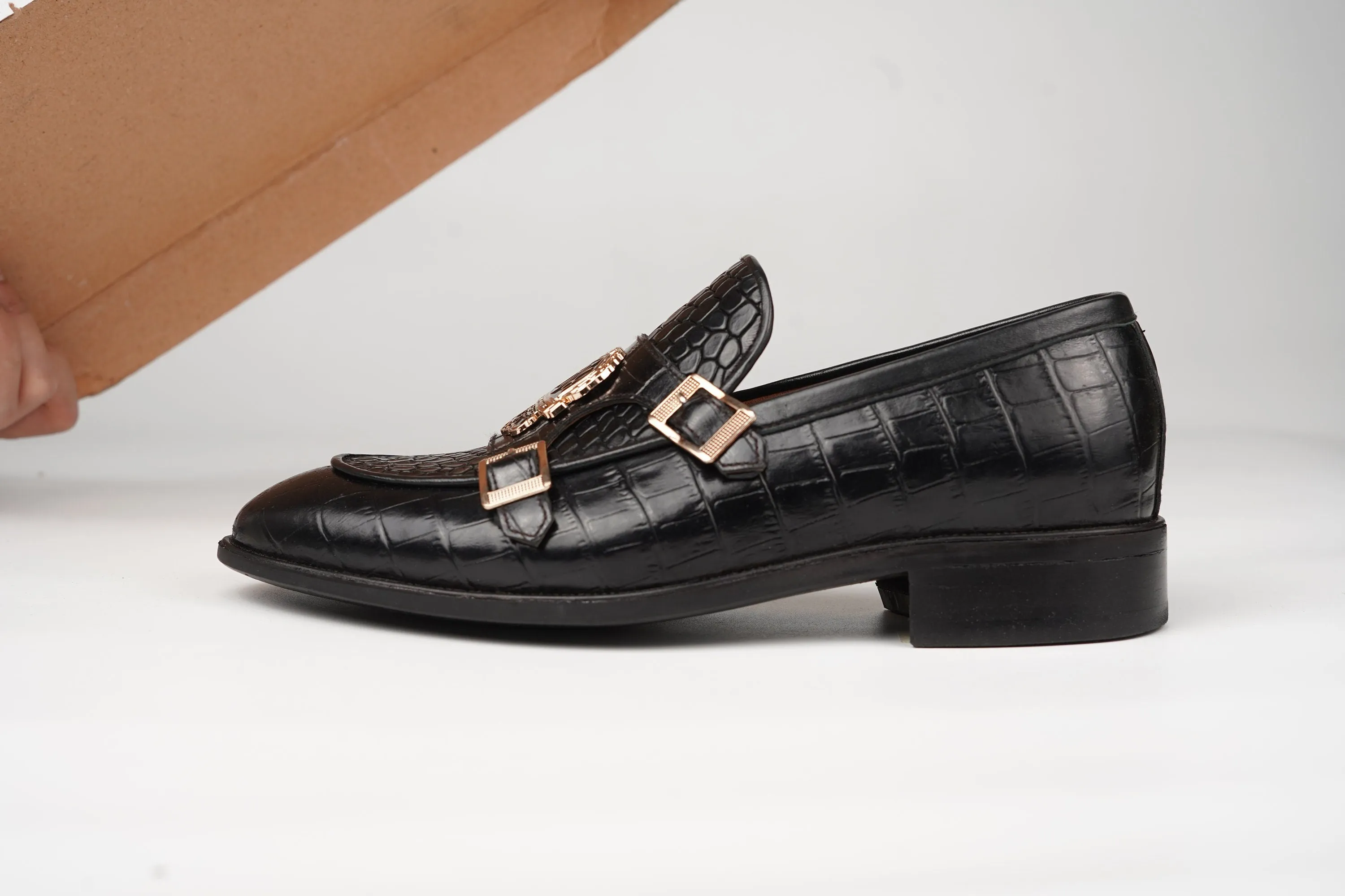 Black Double Buckle Loafer made using embossed Crocodile leather Custom Made-To-Order Shoes  Premium Quality Handmade