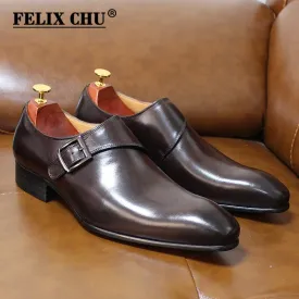 Brand Designer Mens Dress Shoes Classic Genuine Leather Buckle Monk Strap Dark Brown Black Office Business Formal Shoes for Men