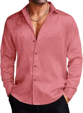 COOFANDY Men's Silk Satin Dress Shirts Jacquard Long Sleeve Floral Button Up Shirts Party Prom Wedding Shirt