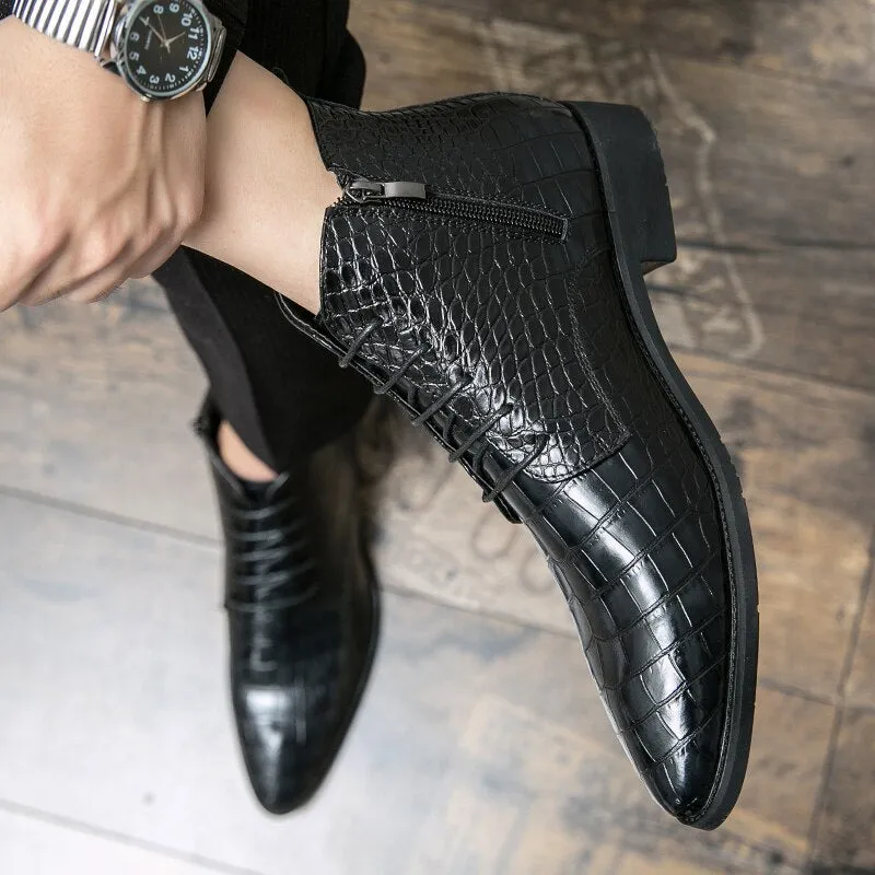 il Paviese - Patent Leather Ankle Boots for Men ( Alligator print zipper boots)