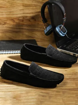 Jet Black Handmade Italian Suede Leather Textured Penny Loafers