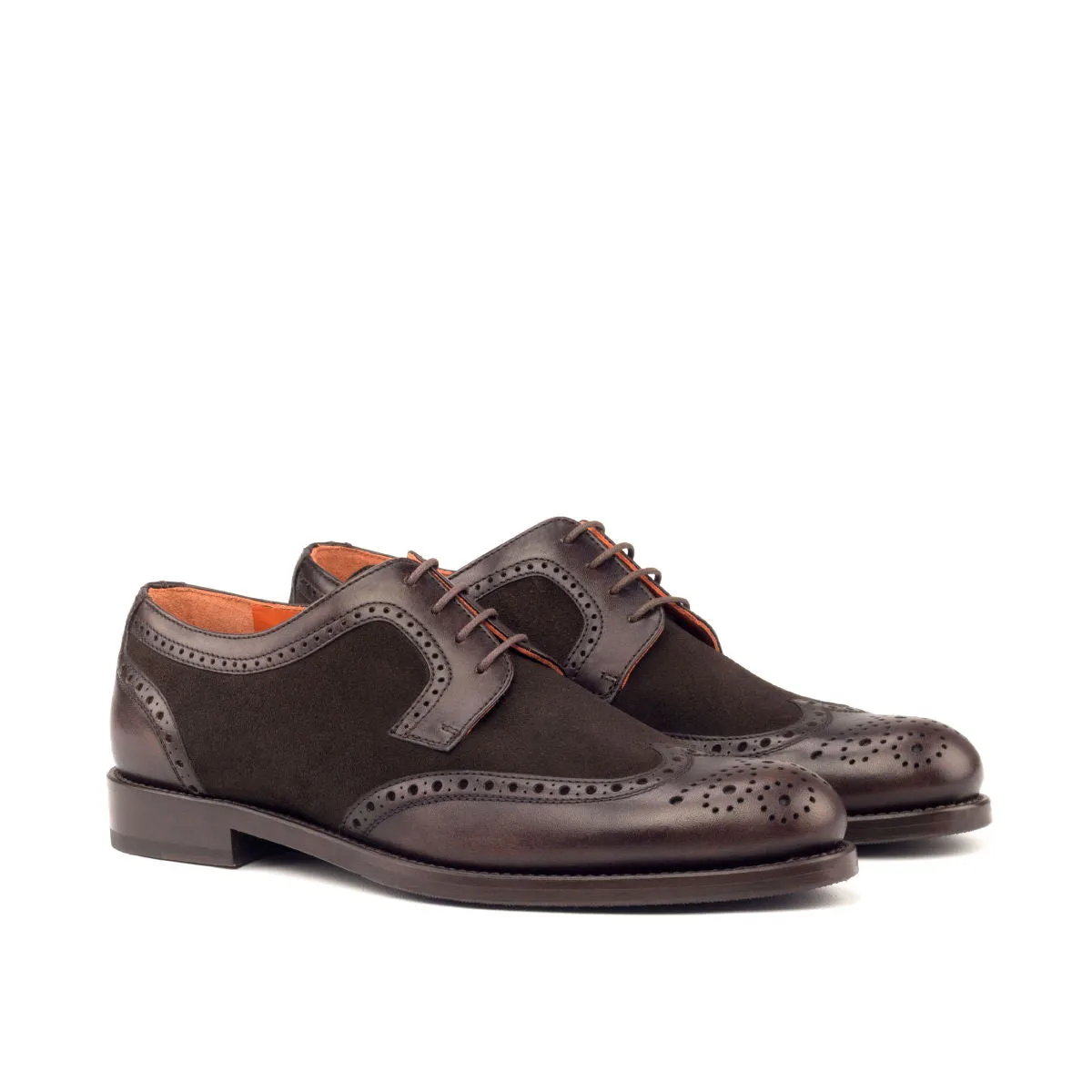 Ladies' Derby Wingtip-Painted Calf, Lux Suede, Dark Brown-Wholesale