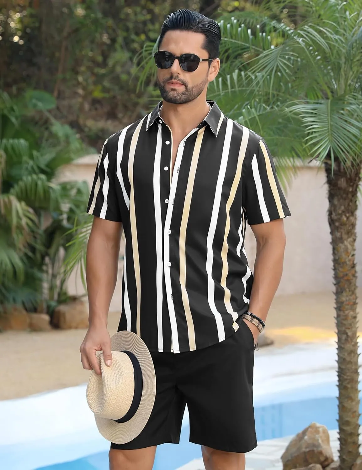 LecGee Men's Hawaiian Shirt Set Tropical Print Striped Button Down Hawaiian Shirt and Shorts 2 Piece Outfits