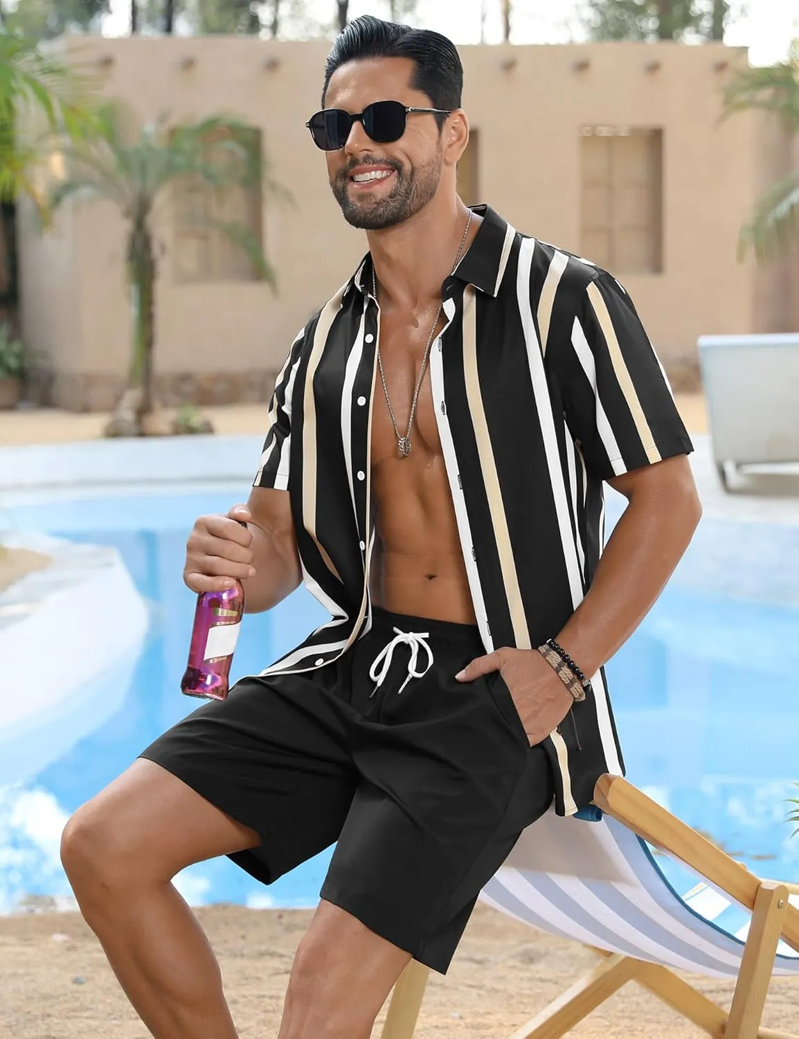 LecGee Men's Hawaiian Shirt Set Tropical Print Striped Button Down Hawaiian Shirt and Shorts 2 Piece Outfits