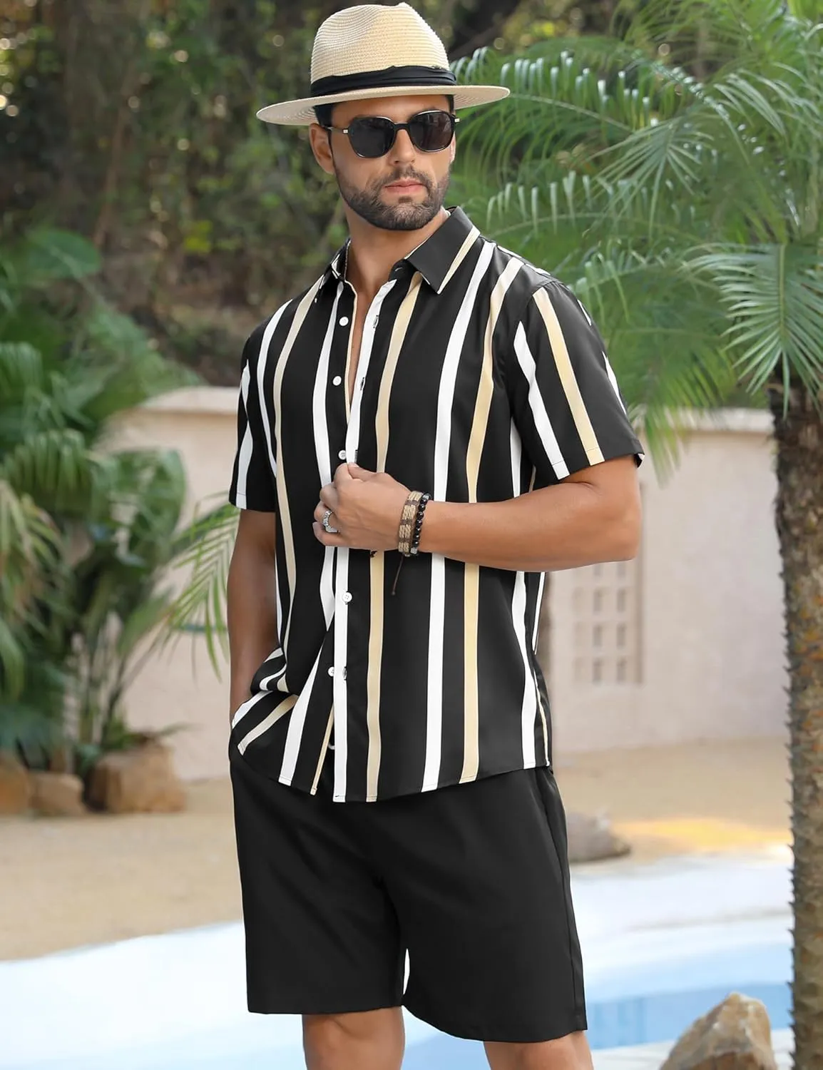 LecGee Men's Hawaiian Shirt Set Tropical Print Striped Button Down Hawaiian Shirt and Shorts 2 Piece Outfits