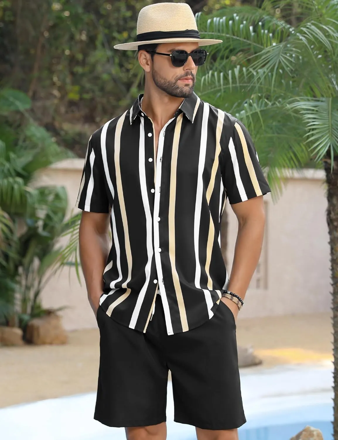 LecGee Men's Hawaiian Shirt Set Tropical Print Striped Button Down Hawaiian Shirt and Shorts 2 Piece Outfits