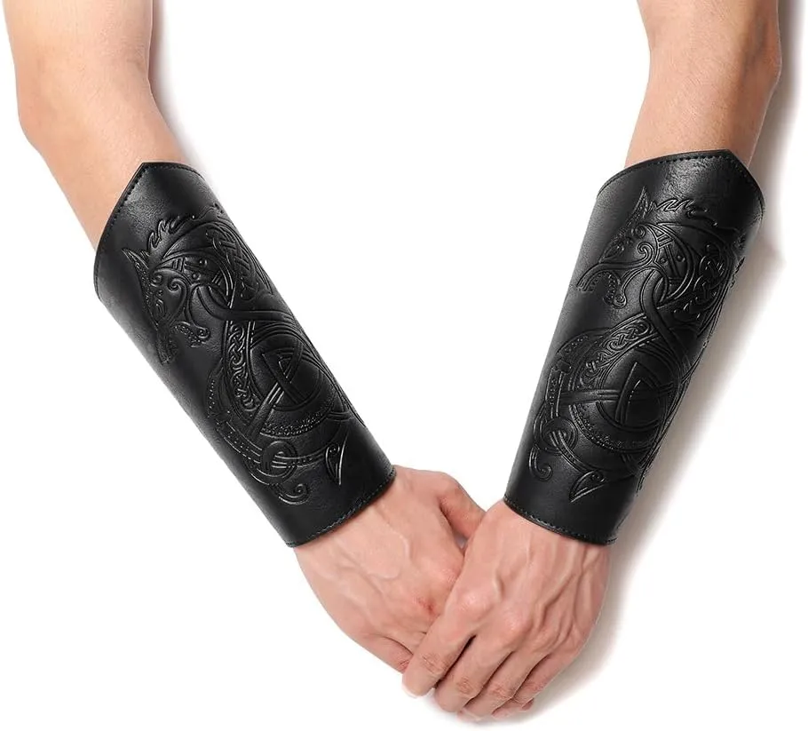 Medieval Leather Bracers Dragon Embossed Viking Leather Bracers Leather Arm Armer Cuff Leather Gauntlet Costumes Accessories