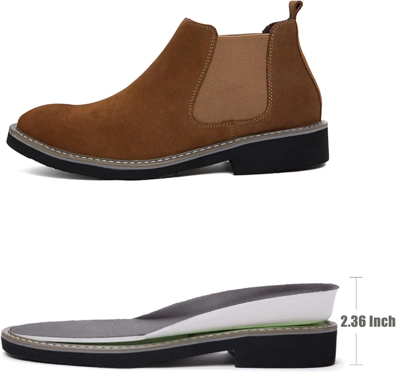 Mens and Womens Height Increasing Chelsea Boots - 2.36 Inches Taller, Suede Leather Slip-On Elevator Ankle Boots, Comfortable Formal and Casual Shoes