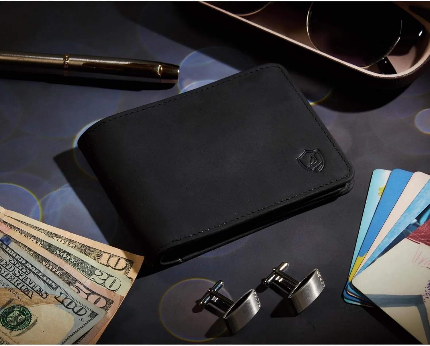 Mens Wallet Real Leather Bifold RFID Blocking High Capacity Card Case with 2 ID Window in Gift Box (Crazy Horse, Black)